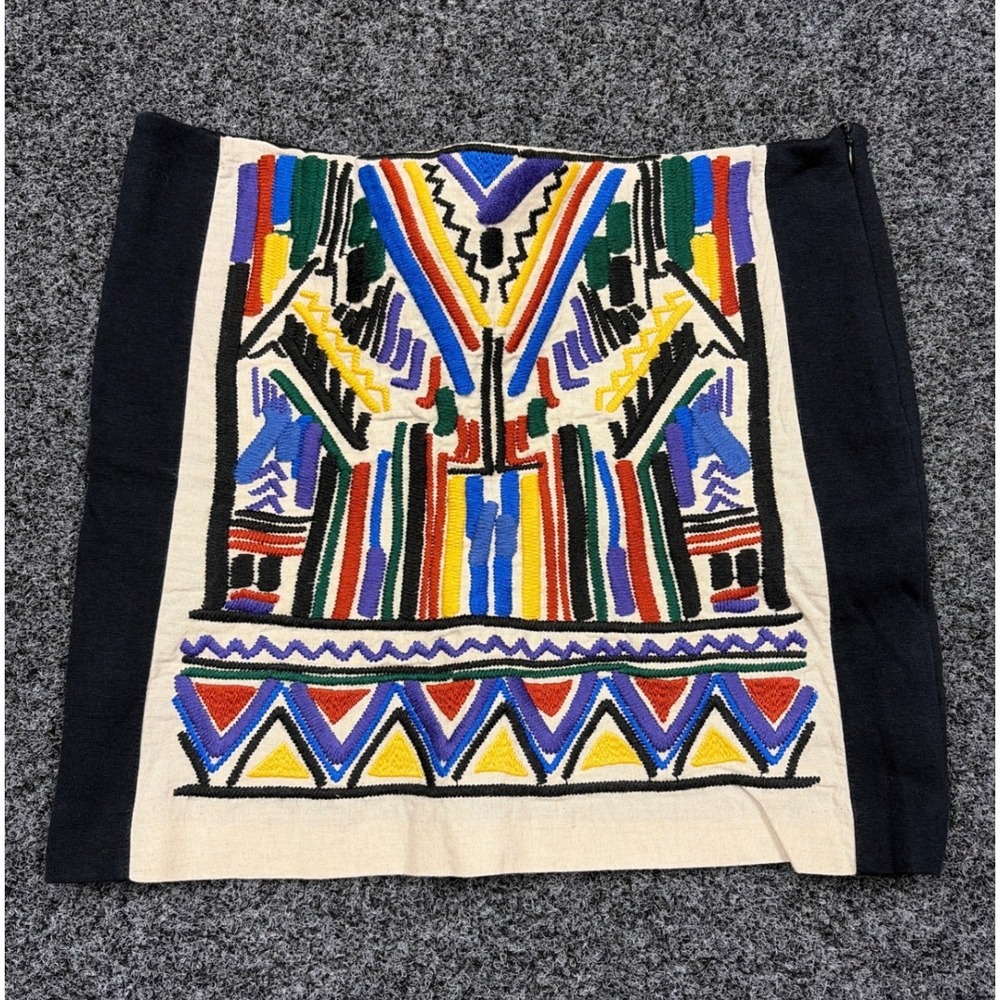 Zara Skirt Womens L Black Multicolor Embroidered Mini Geometric Boho Festival